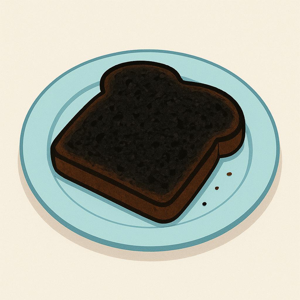 A piece of toast that has been completely blackened and burnt, sitting alone on a white plate.