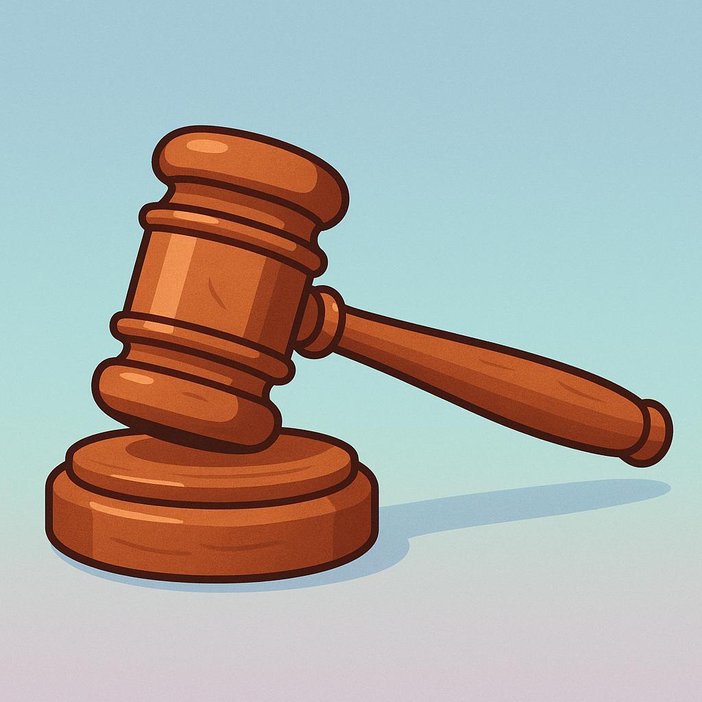 A simple wooden judge's gavel resting horizontally on a round wooden striking block, symbolizing law and rules.