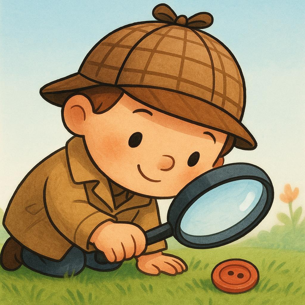 A friendly character wearing a detective hat kneels on bright green grass, using a large magnifying glass to inspect a tiny lost button.