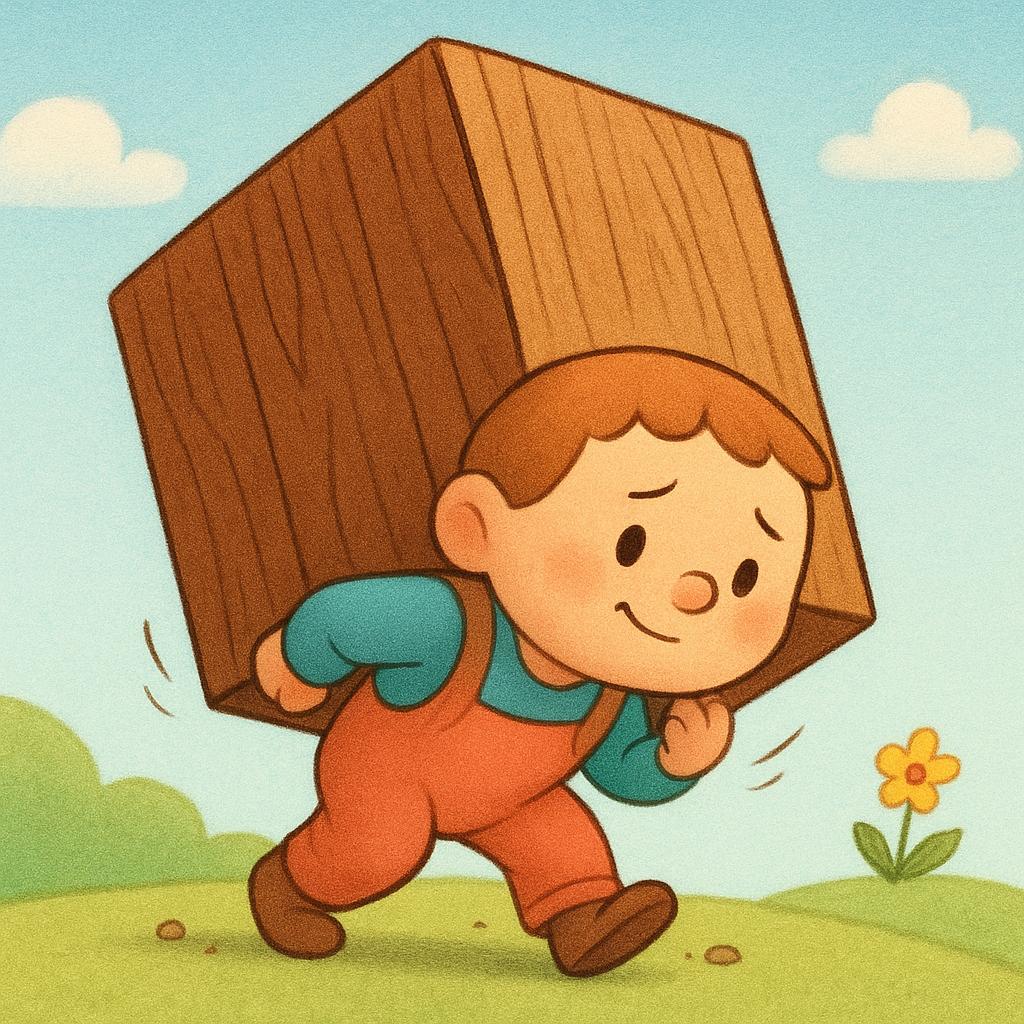 A small character struggling slightly while carrying a single, large, heavy wooden block on their back, symbolizing a duty or requirement.