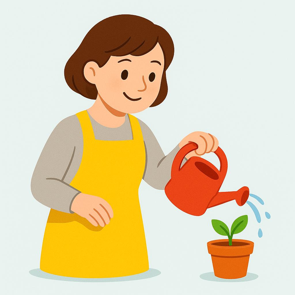A simple illustration of a person watering a small potted plant with a red watering can.