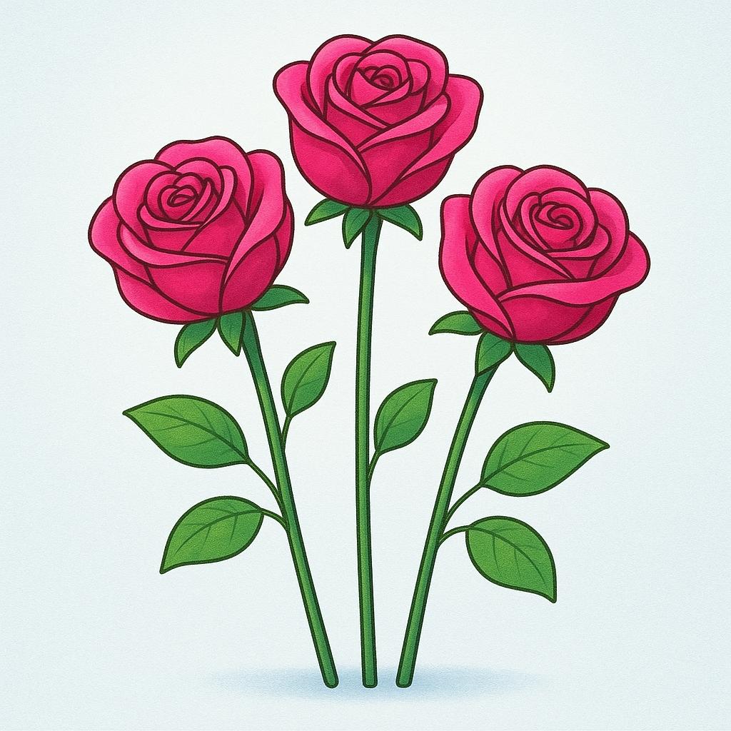 An illustration showing three vibrant pink roses with green leaves and stems.