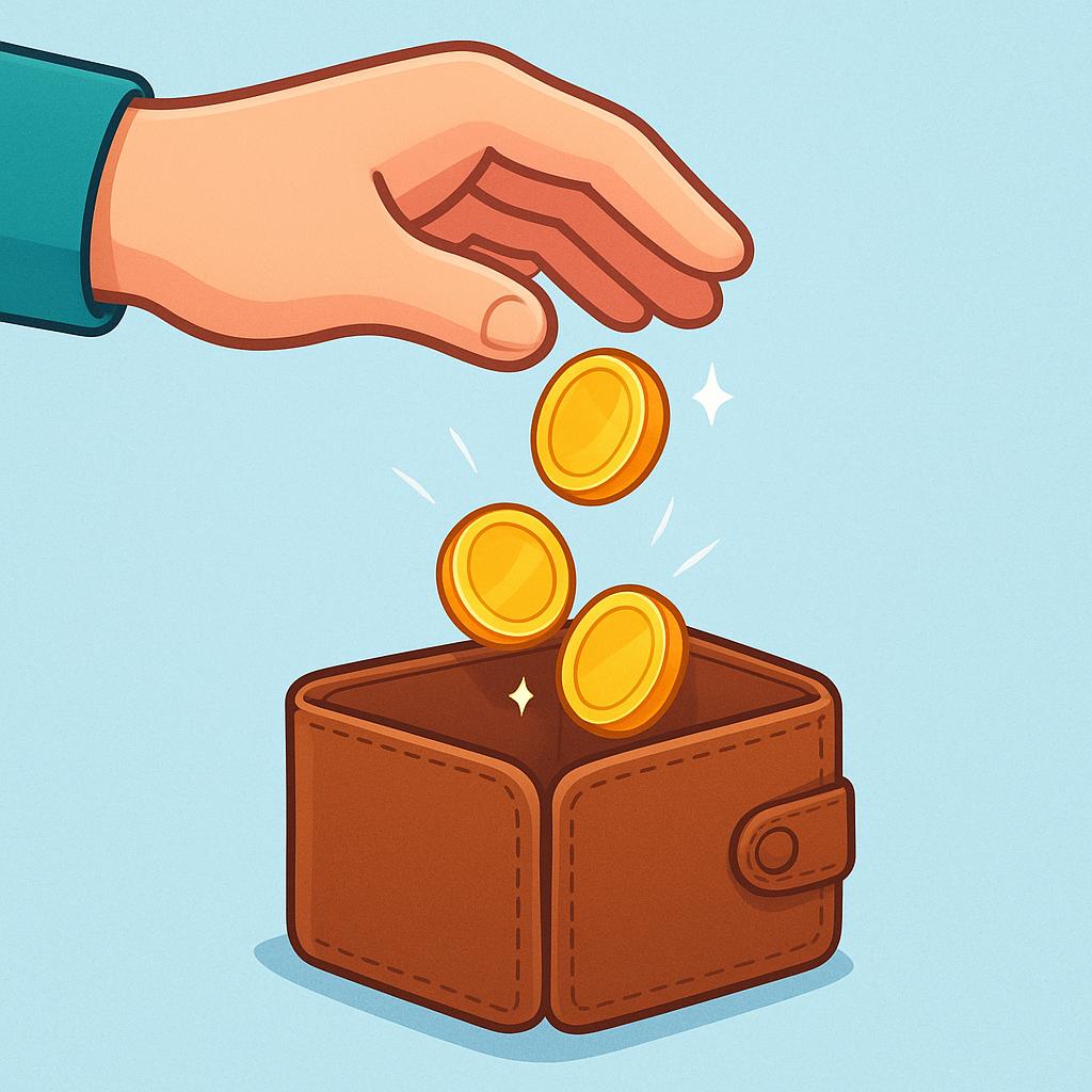 A cartoon hand placing several shiny gold coins into a small, open wallet, illustrating the act of spending money.
