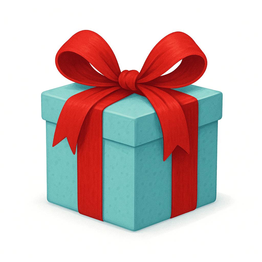 A brightly wrapped, square gift box tied with a large red ribbon and bow, signifying a present.
