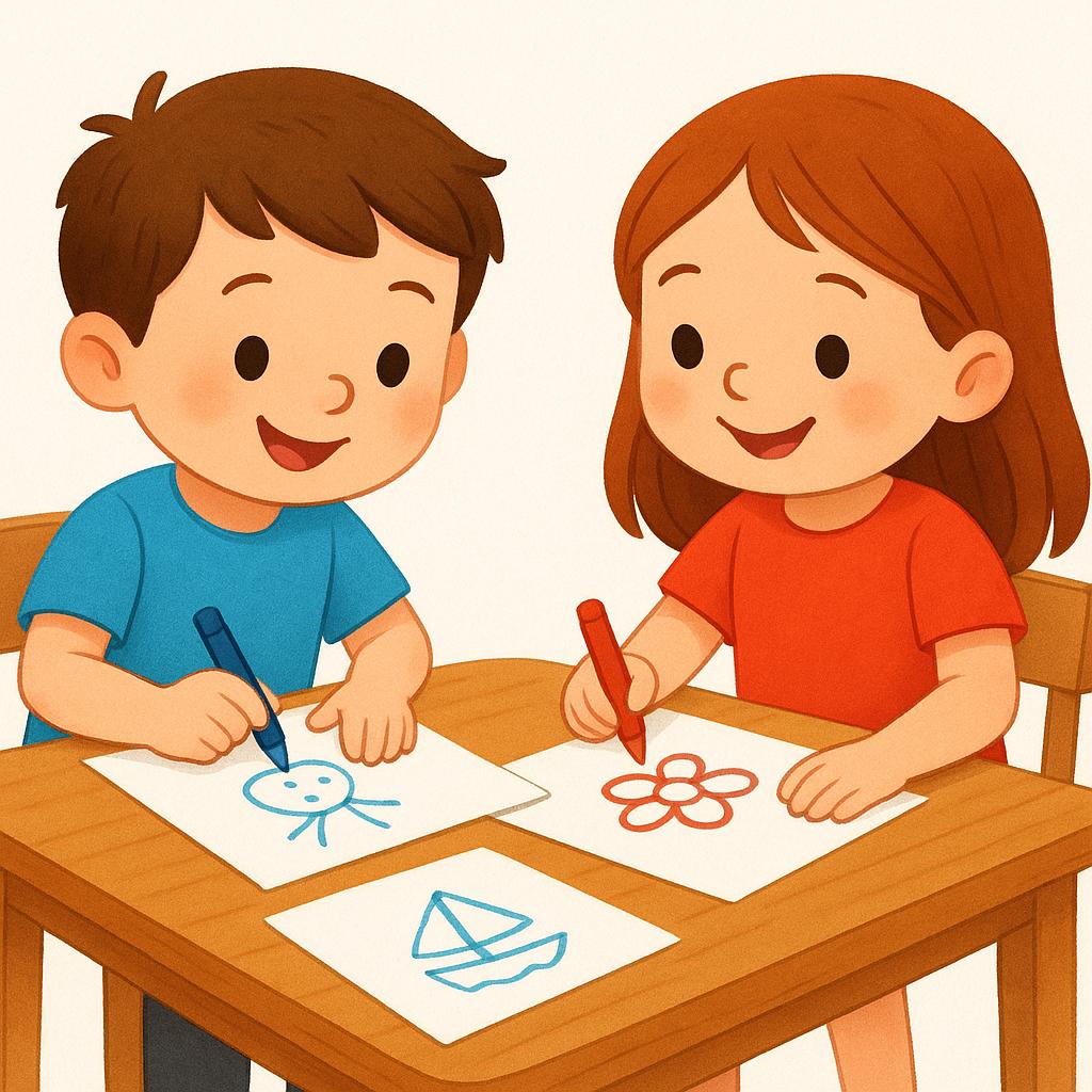 A colorful storybook illustration showing a boy and a girl sitting at a table, each actively using a crayon to draw on paper.