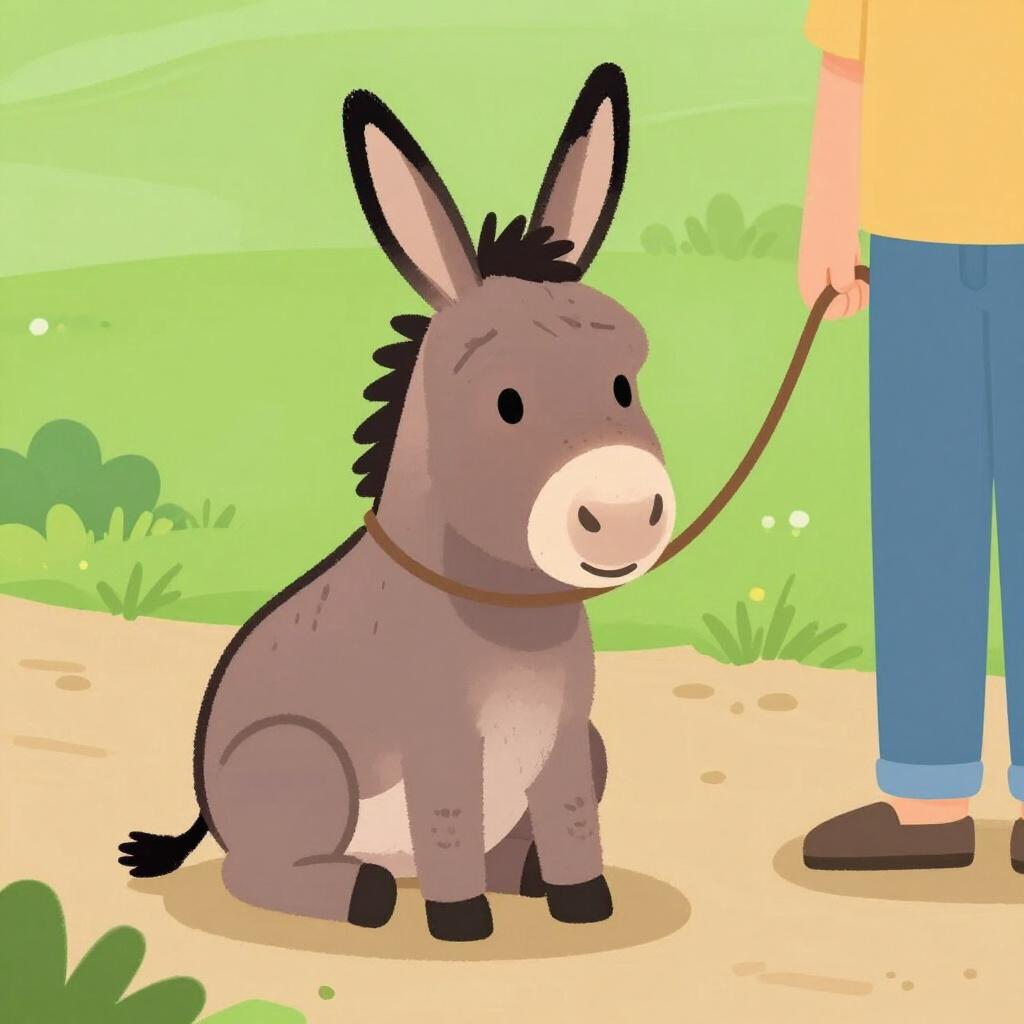 A donkey sitting down firmly on a path, refusing to move even as a person gently pulls on its rope.