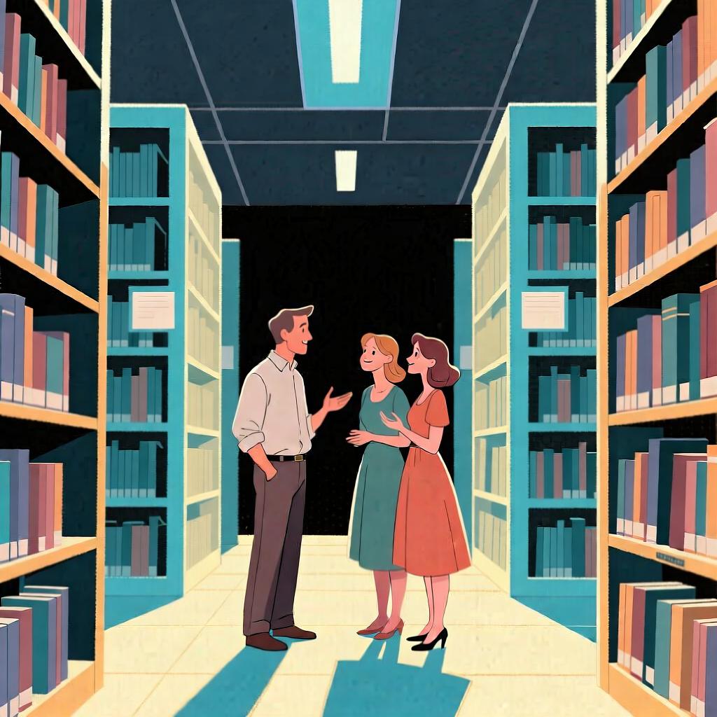 A friendly group of three people standing together inside a modern library, illustrating the use of 'están' for location.