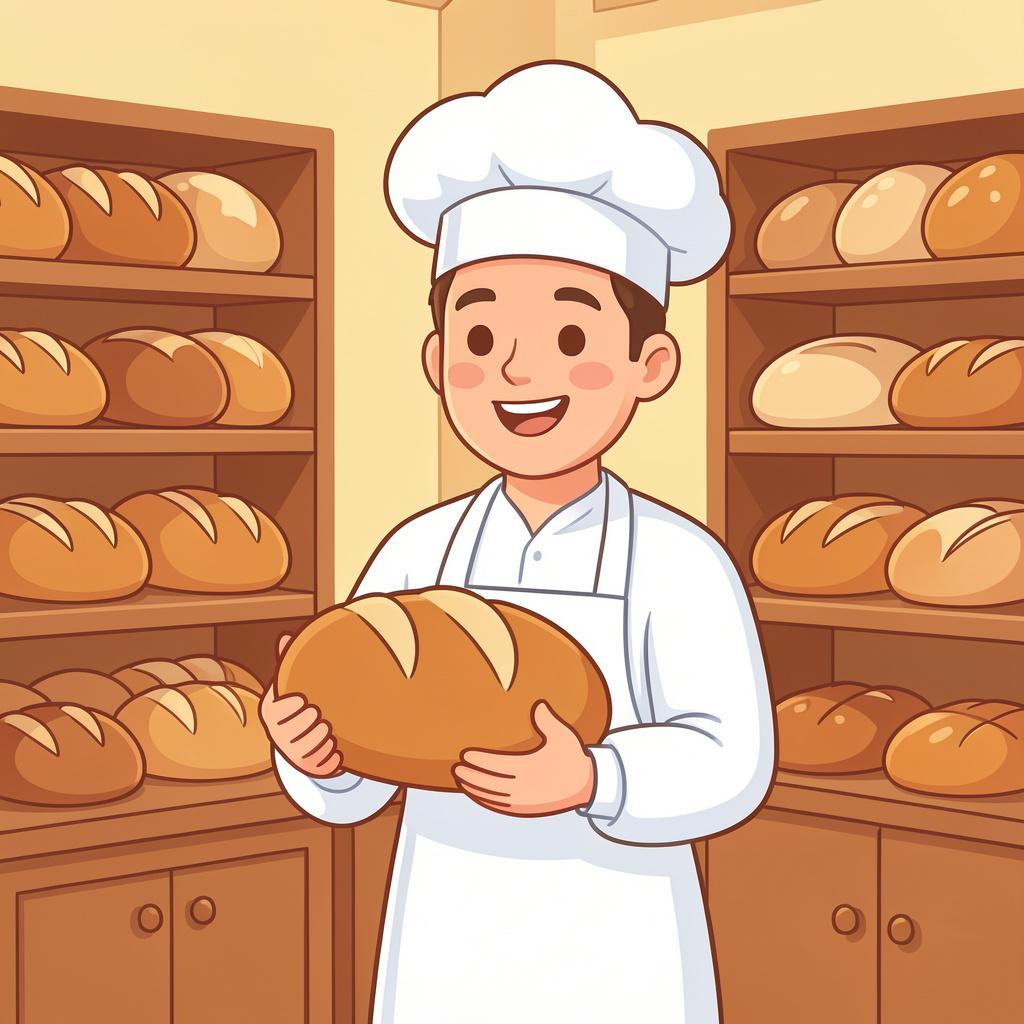 A baker in a white apron holding a fresh loaf of bread in a bakery.
