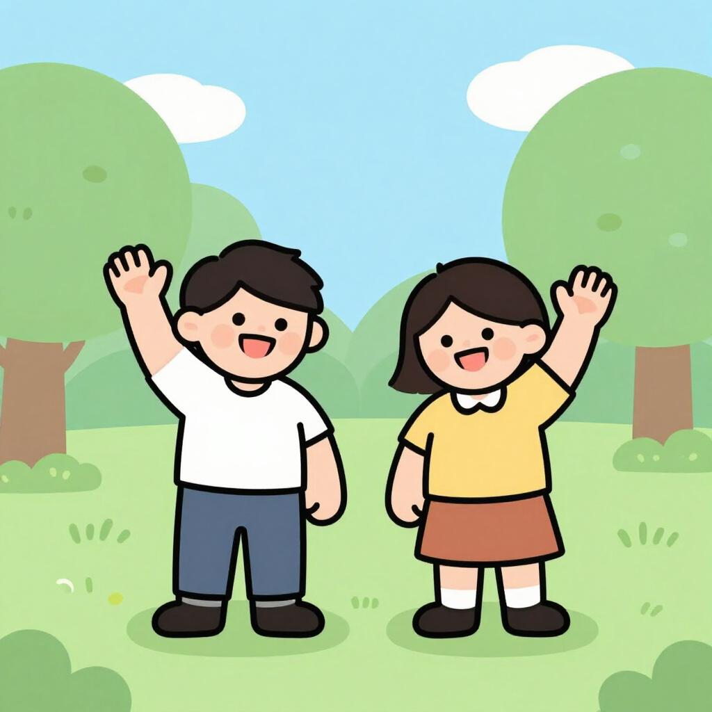 公園で大きく手を振って笑顔で挨拶する若い友人二人。