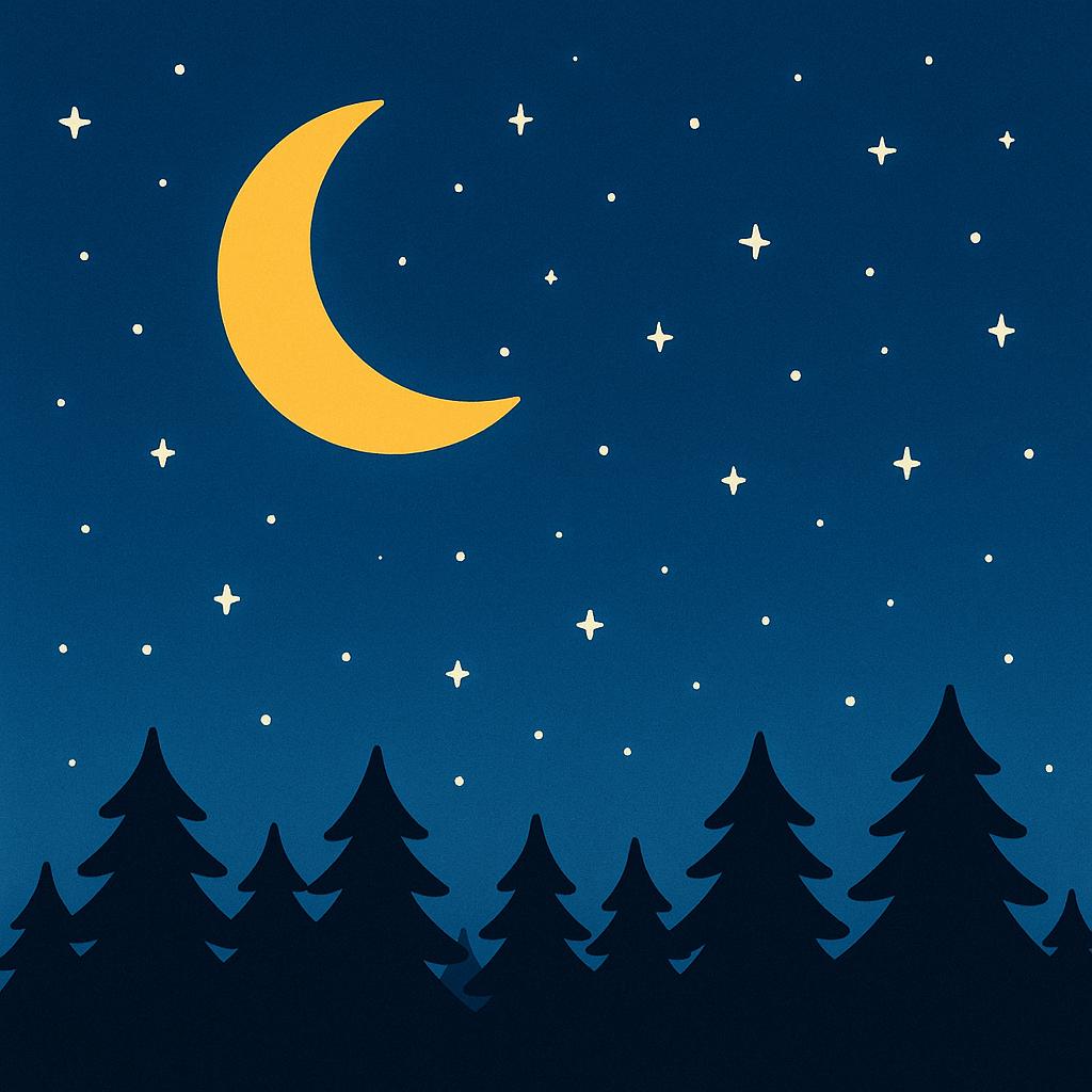 A peaceful landscape at night with a large glowing moon and twinkling stars over a quiet forest.