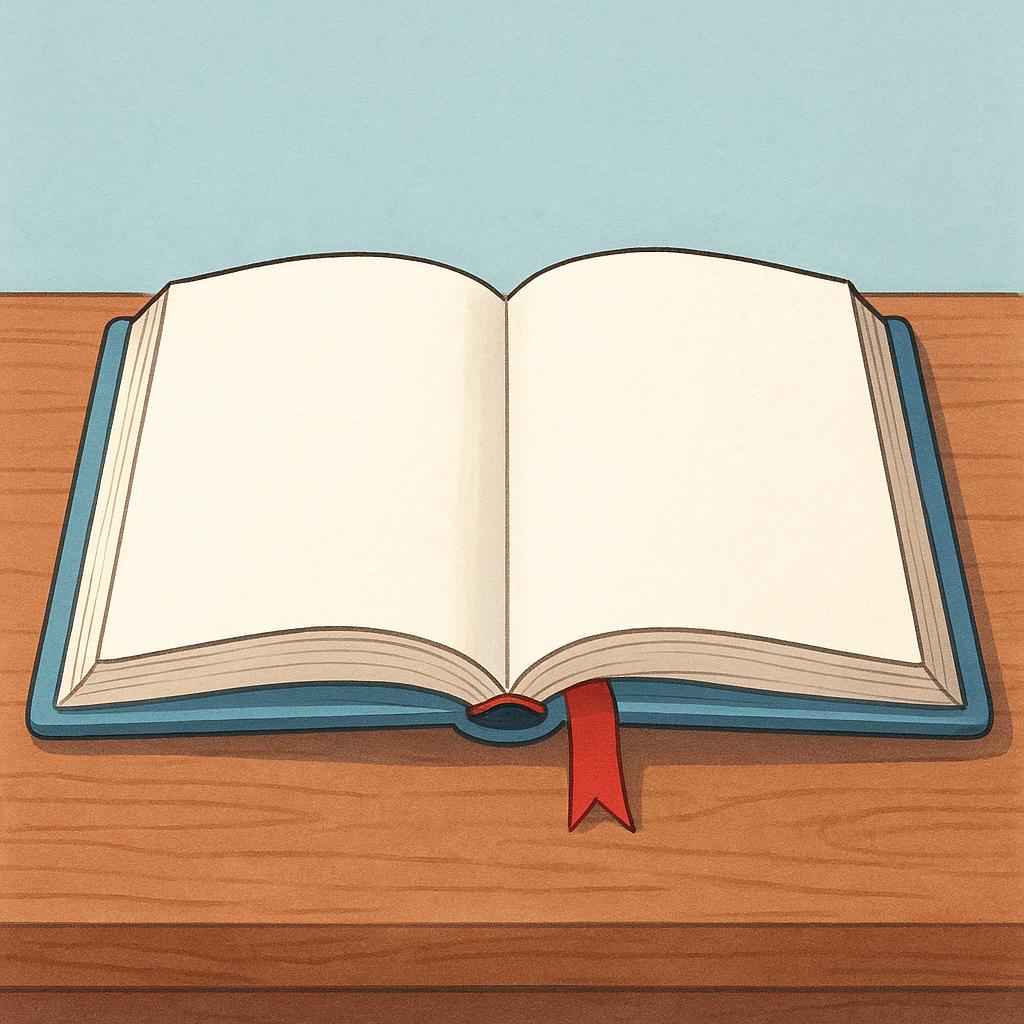 An open book resting flat on a wooden surface with a colorful ribbon bookmark placed between the pages, symbolizing that the contents have been read.