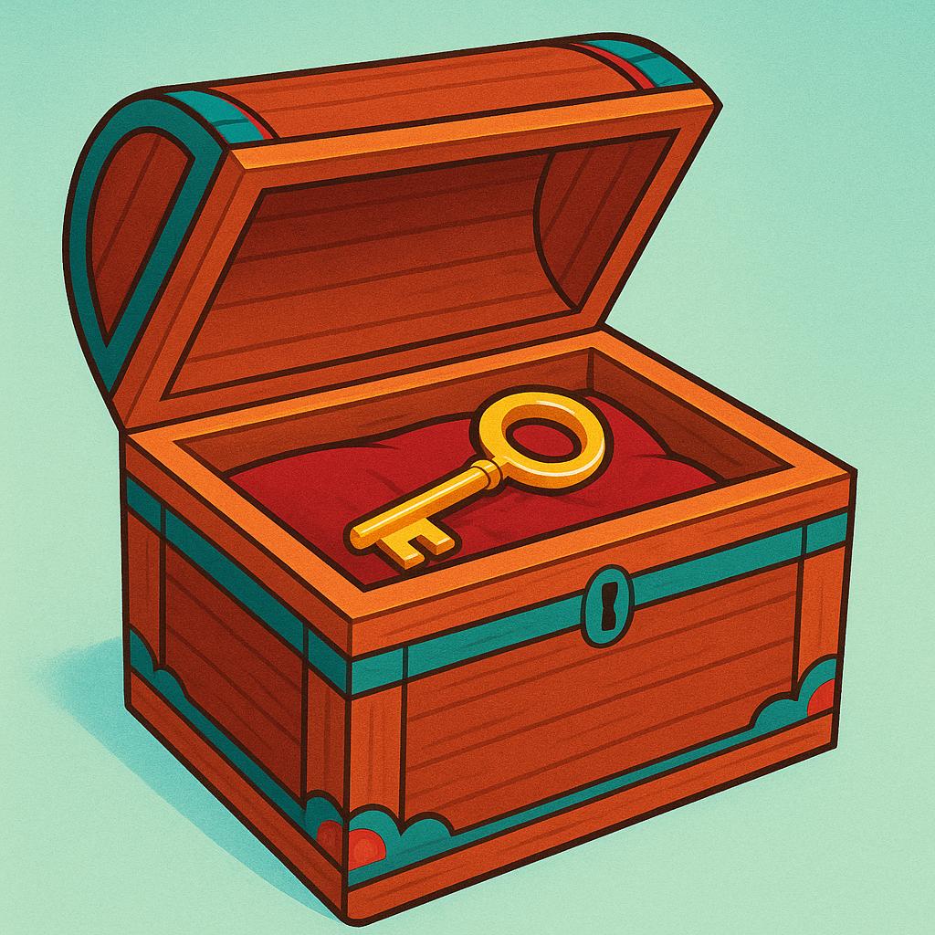 A brightly colored open wooden chest containing a single, gleaming golden key nestled inside, showing inclusion.