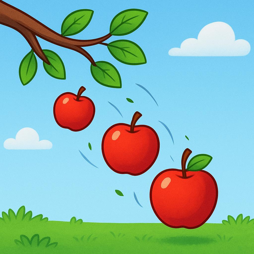 Three red apples simultaneously falling from a tree branch towards the grassy ground.