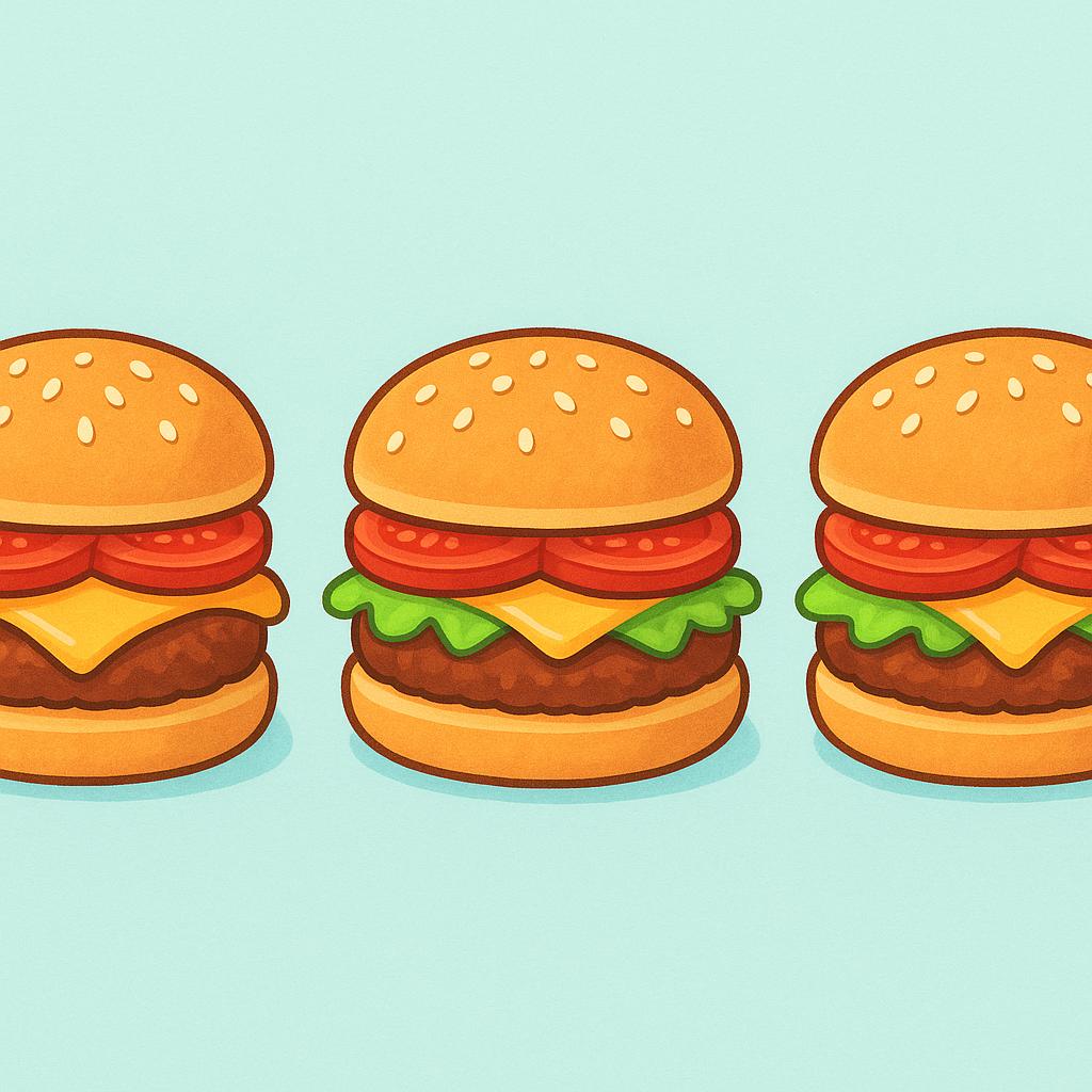 A colorful storybook illustration showing three complete, appetizing hamburgers arranged side-by-side on a plain background. Each burger has a sesame seed bun, a beef patty, cheese, lettuce, and tomato.
