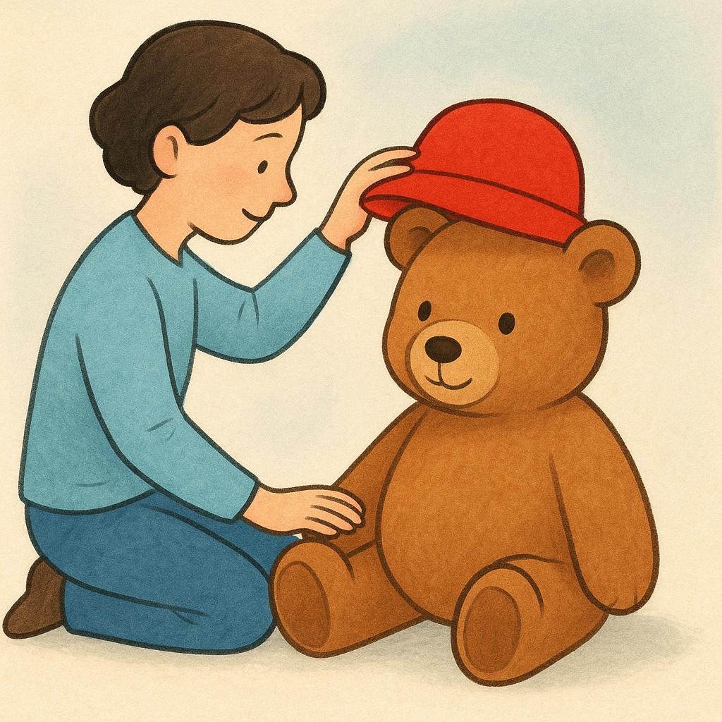 A colorful illustration of a child carefully placing a bright red hat onto a plush teddy bear, symbolizing physical placement.
