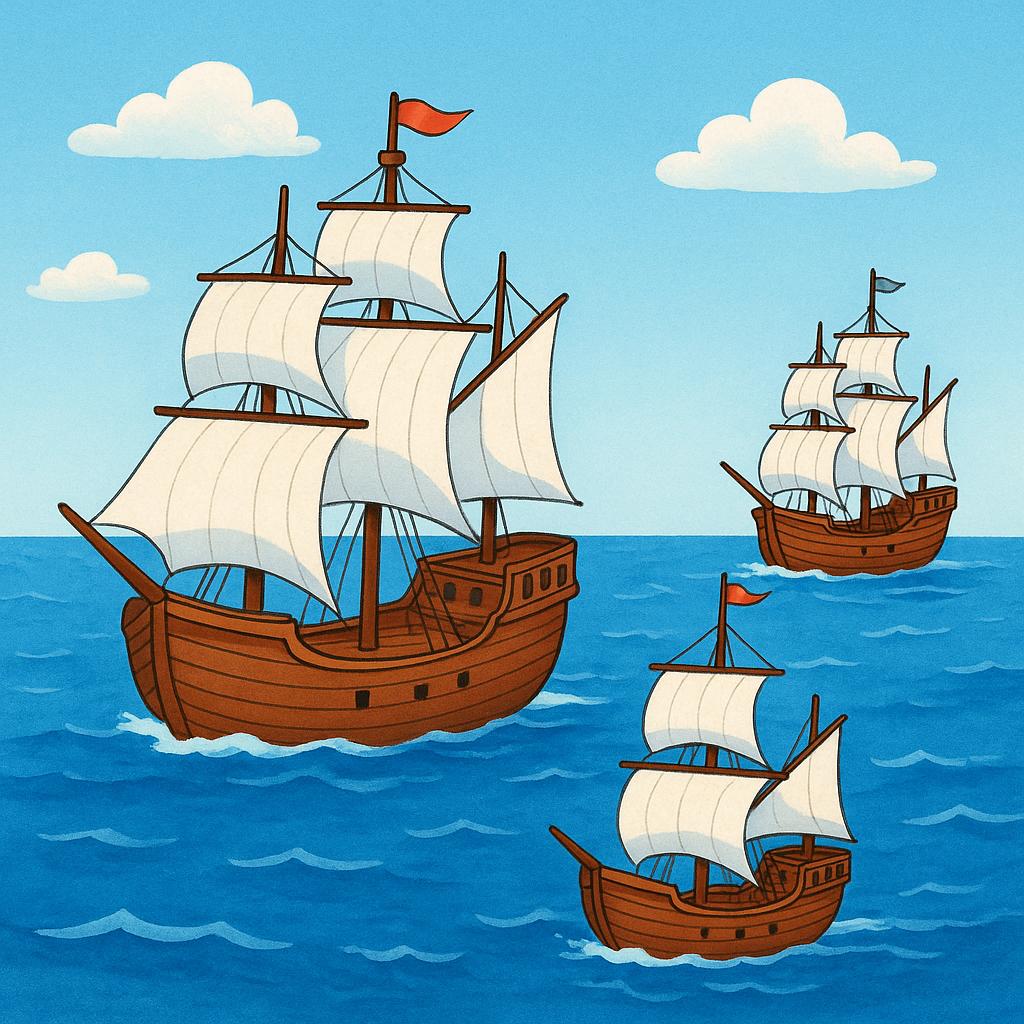 Three large wooden sailing ships with white sails floating on blue ocean water.