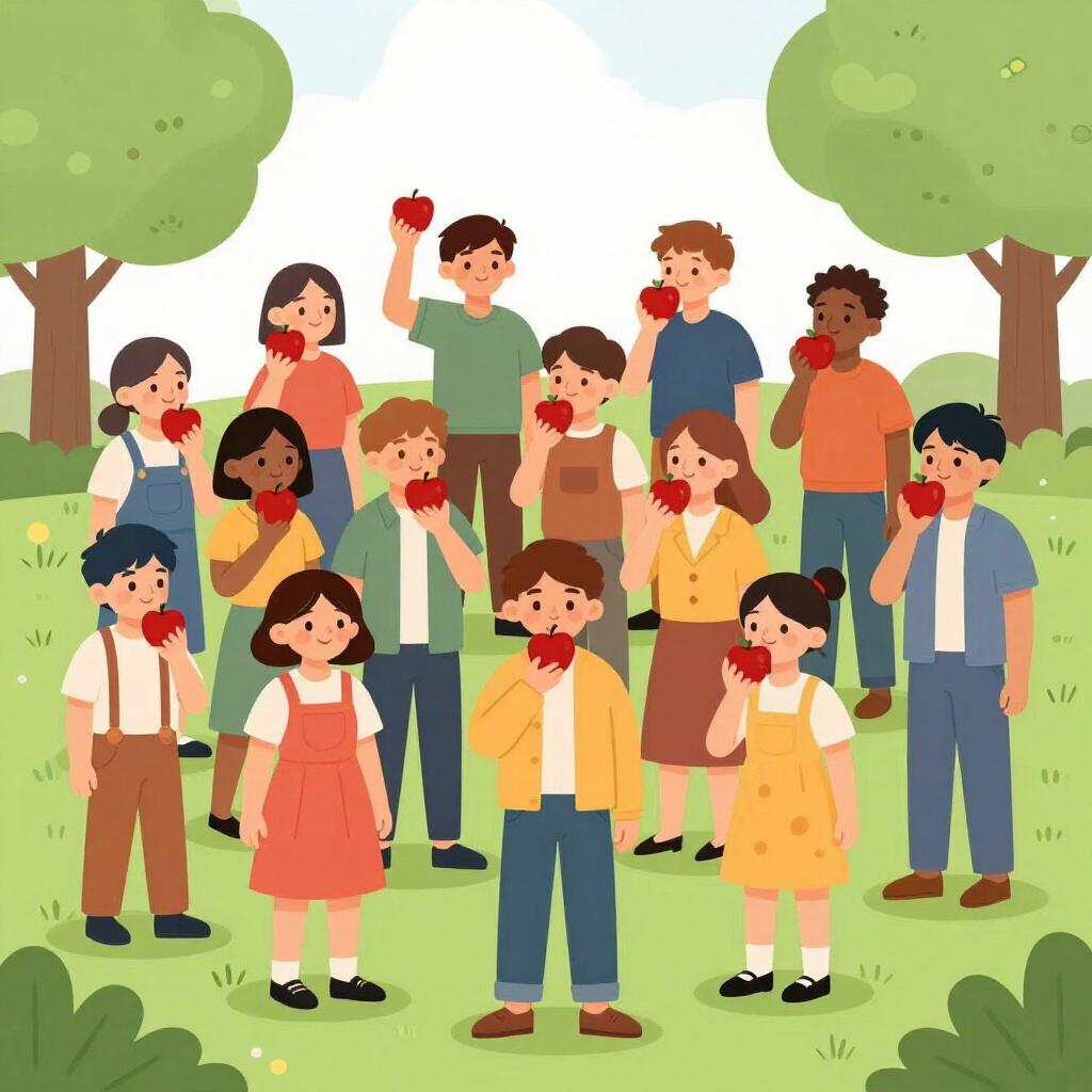 Eine bunte Bilderbuchillustration, die eine große Gruppe verschiedener Menschen zeigt, die alle denselben roten Apfel halten und essen.
