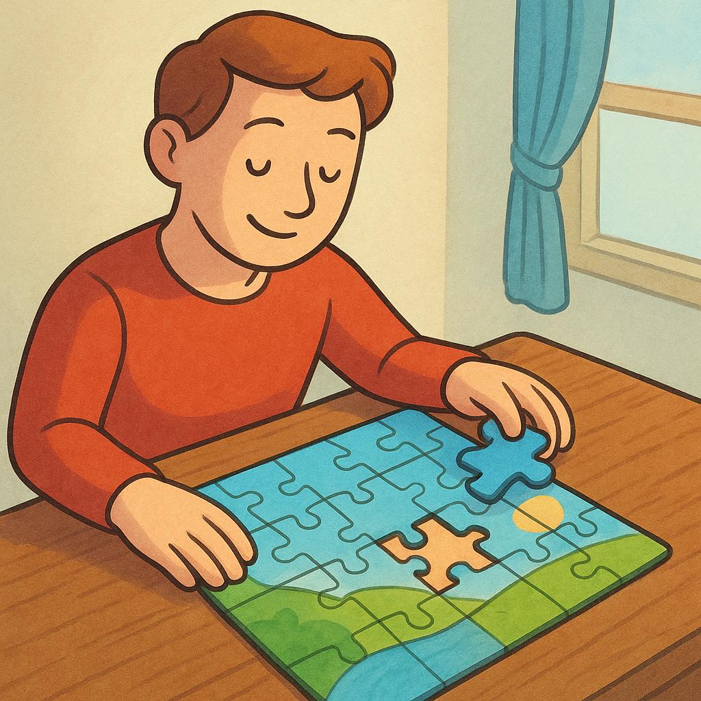 A colorful illustration of a person smiling while placing the final, last piece into a fully completed jigsaw puzzle on a table.