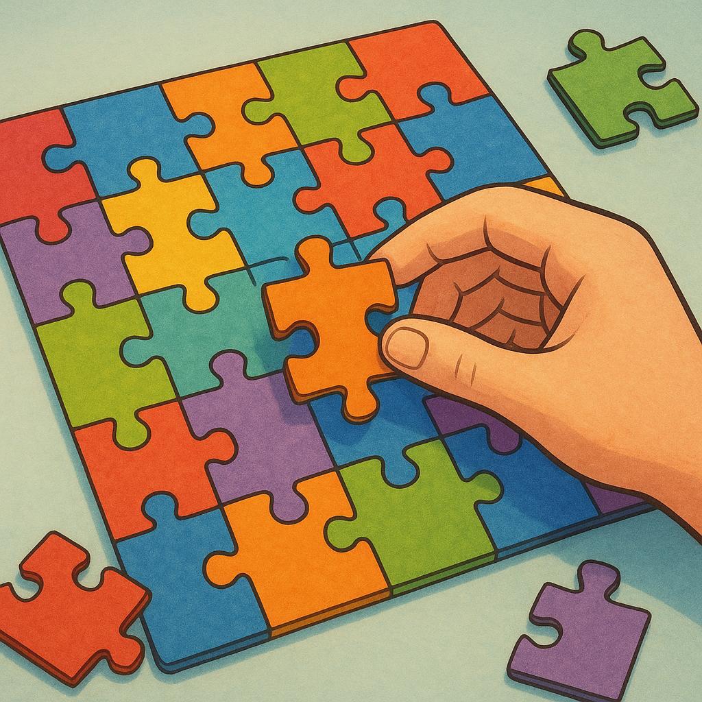 A close-up view of a hand placing the final, bright blue piece into a nearly completed jigsaw puzzle on a wooden table.