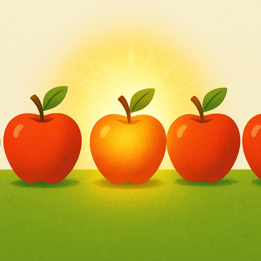 Five red apples are lined up in a row on a green surface. The apple in the center is glowing brightly with golden light, highlighting it among the others.