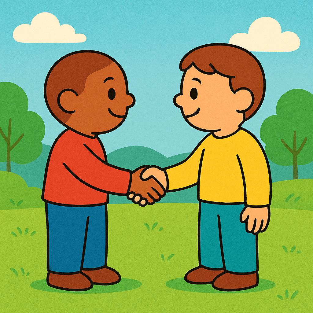 Two friendly, simple cartoon figures standing face-to-face outside, shaking hands warmly, symbolizing a planned meeting.