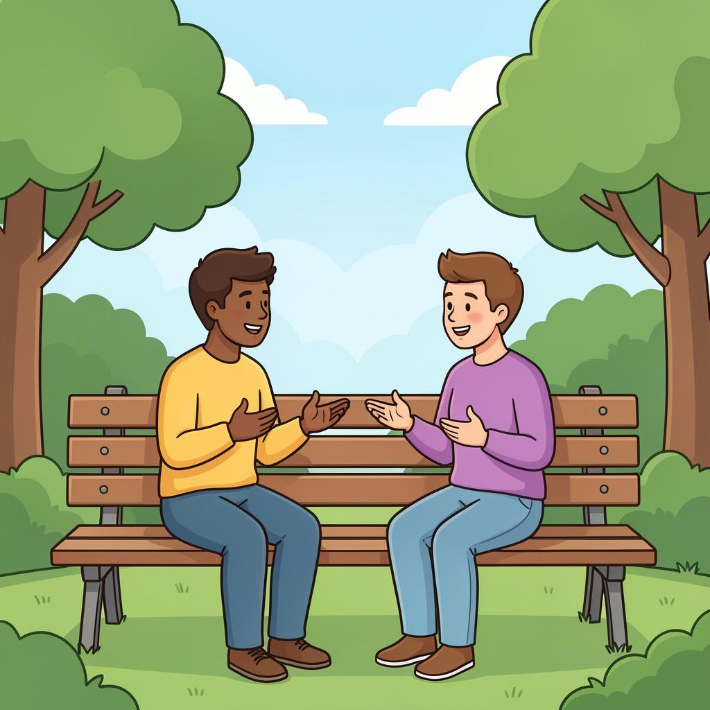 Two people sitting on a park bench engaged in a friendly conversation.