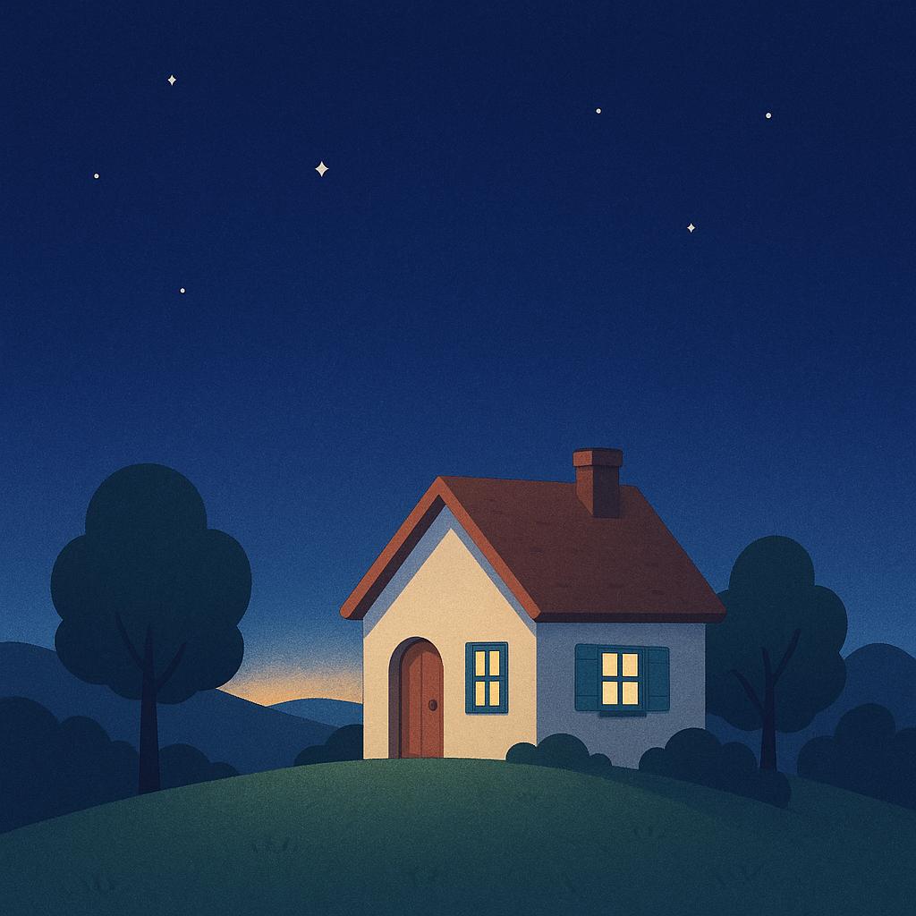 A peaceful landscape at dawn with a dark blue sky transitioning to soft orange light on the horizon over a quiet house.