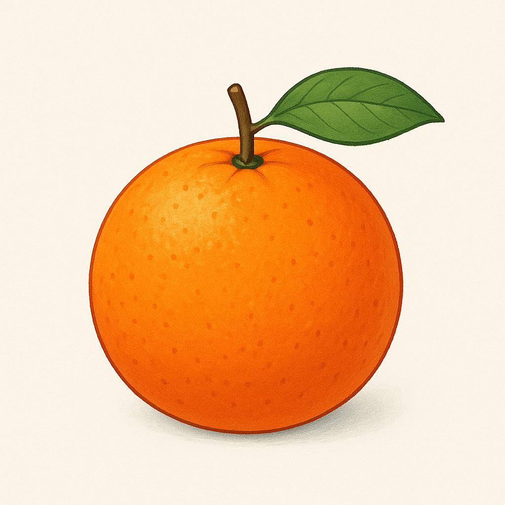 A close-up illustration of a single, perfectly ripe orange fruit with a small green stem and leaf attached.