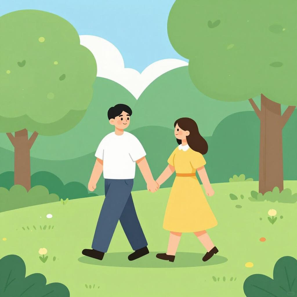 A man and a woman holding hands while walking together in a park.