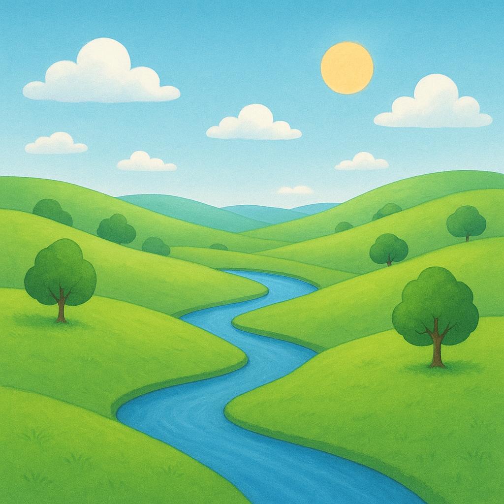 A wide view of a vast green landscape with hills, trees, and a river under a blue sky.
