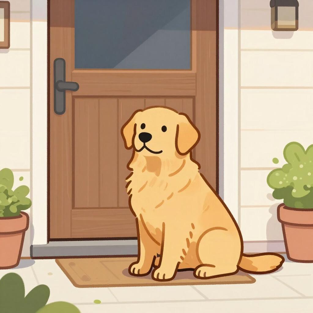 玄関で飼い主を待つゴールデンレトリバー。