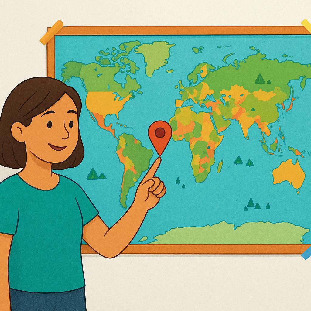 A young woman pointing her finger directly at a specific location on a large, colorful wall map.