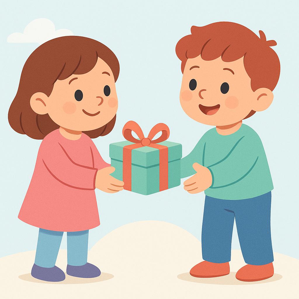 A child smiling while handing a wrapped gift box to another child, illustrating the transfer of possession.