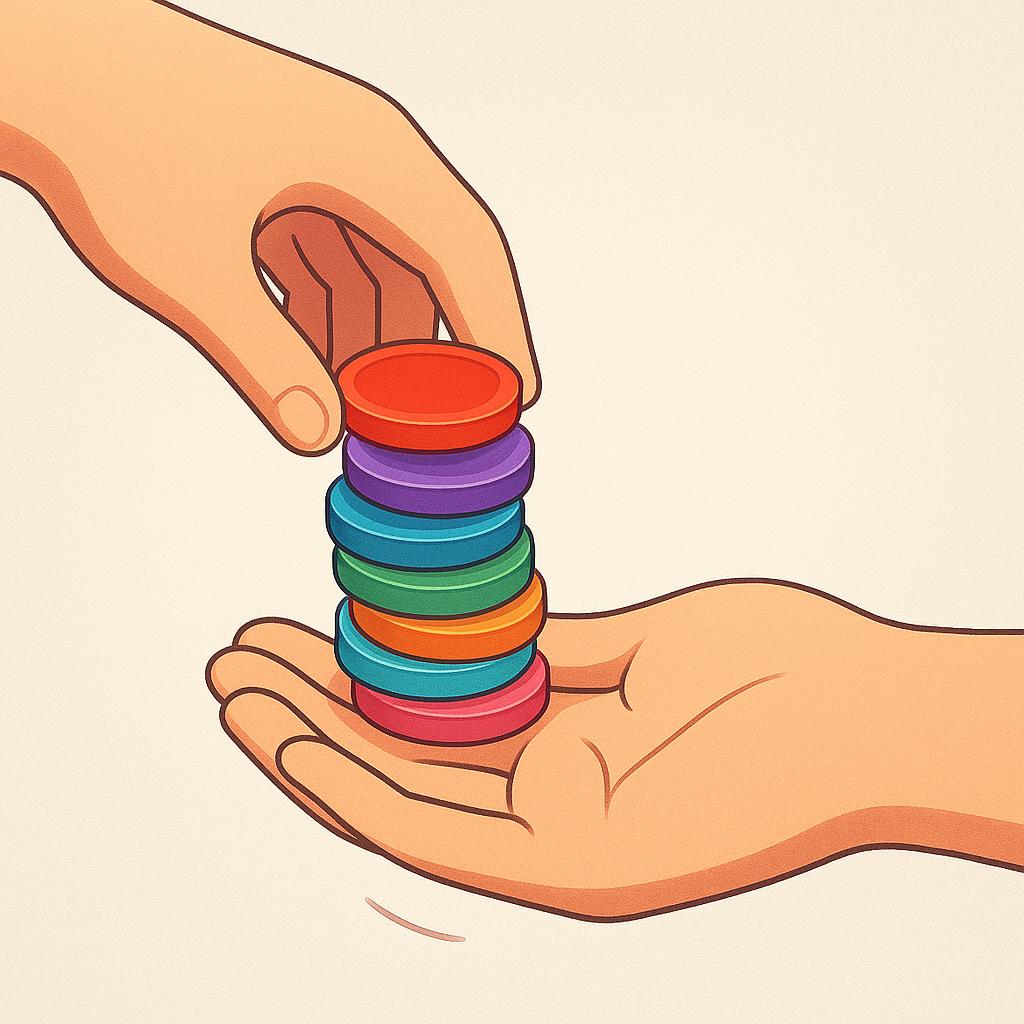 A close-up view showing a person's hand placing a stack of shiny golden coins into the open palm of another person's hand, illustrating the action of paying.