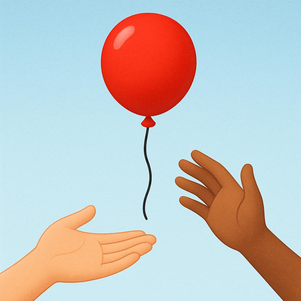 A stylized illustration of one hand offering a bright red balloon to another empty, waiting hand, symbolizing receiving something without needing to pay.