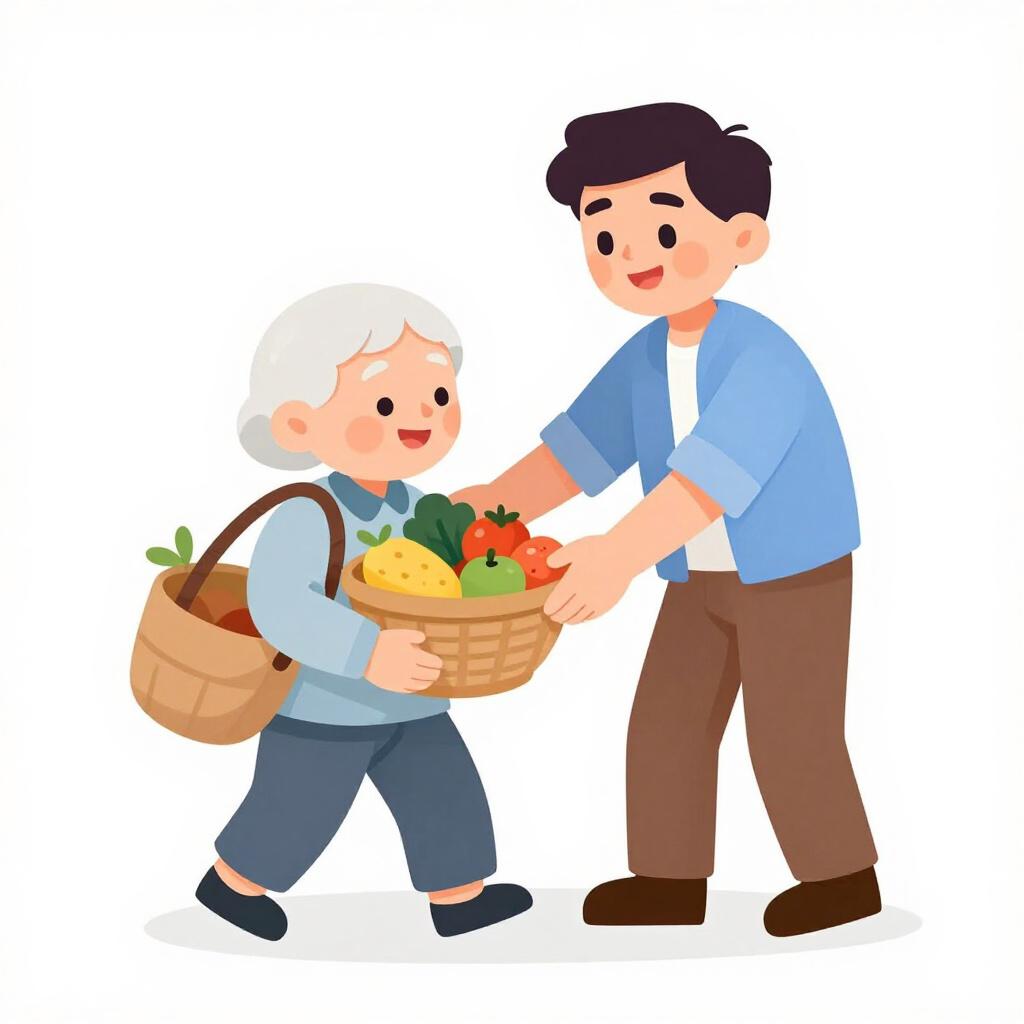 Ein freundlicher Mann mit einem warmen Lächeln, der einer älteren Person hilft, Einkäufe zu tragen.