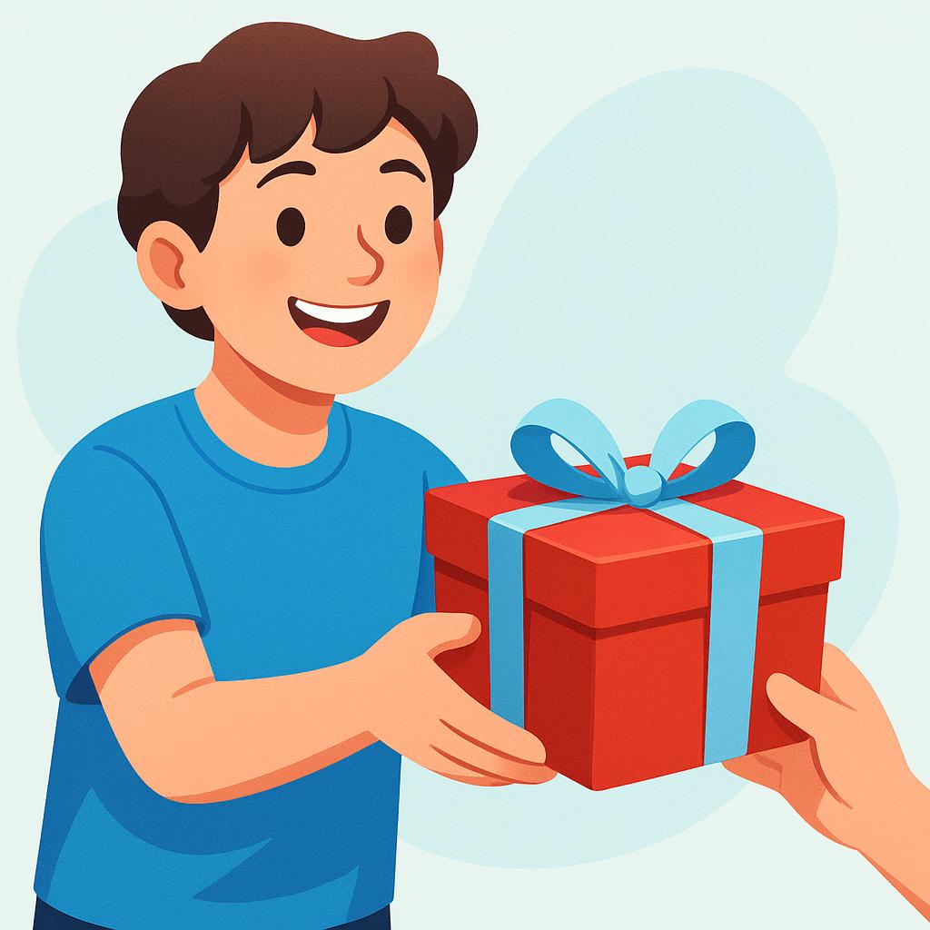 A cheerful young person extending a brightly wrapped red gift box toward an outstretched hand, symbolizing the future action of 'I will give'.