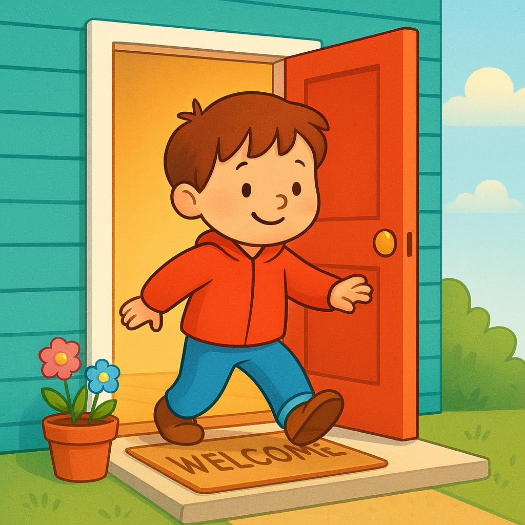 A young person is depicted stepping through an open red doorway, exiting a building onto a green lawn.