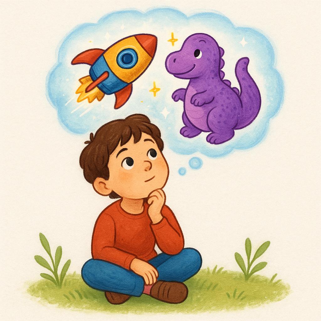 A high quality storybook illustration of a young person sitting calmly with a thoughtful expression. Floating above their head are several vibrant, fantastical objects, including a flying spaceship and a friendly purple dinosaur, symbolizing their imagination.