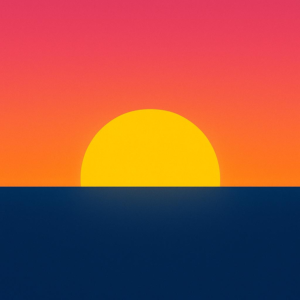 A bright yellow sun is halfway above a dark horizon line, dominating a sky transitioning from night to dawn, symbolizing certainty.