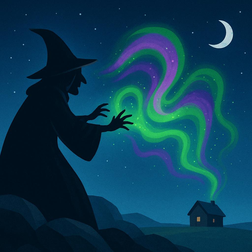 A sinister witch in a dark cloak stands on a hill, casting a stream of green magical energy towards a small, distant village below.