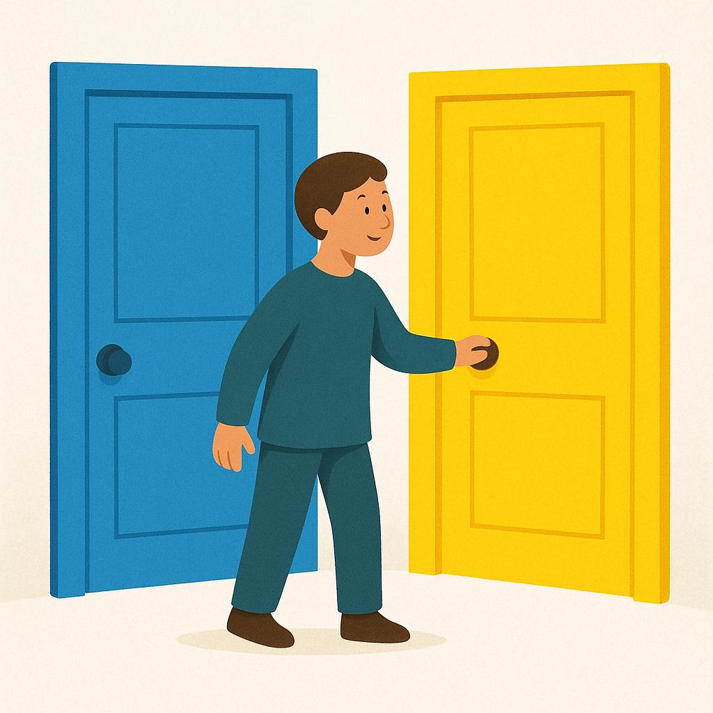 A person making a choice between two brightly colored doors.