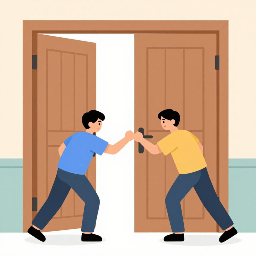 Two children together pushing open a set of large, heavy wooden double doors leading to a bright, sunlit garden.