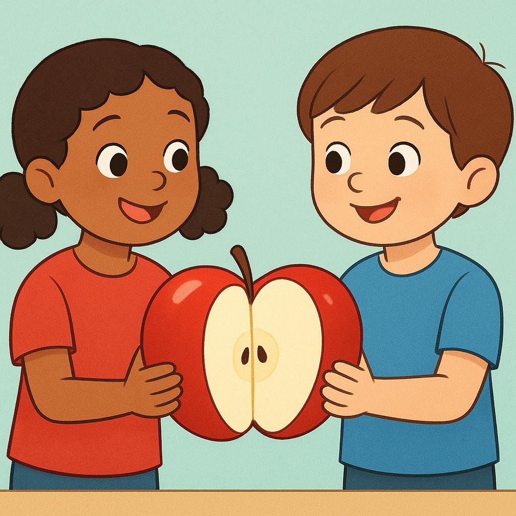 A colorful illustration showing two happy children simultaneously splitting a single large red apple between them, symbolizing the act of sharing.