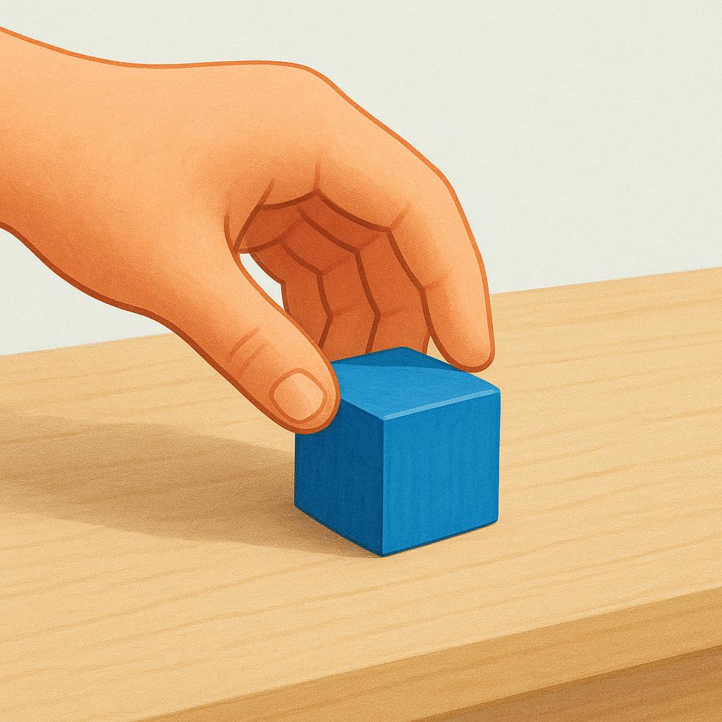 A stylized illustration showing a person's hand gently placing a simple blue cube onto a clean wooden table.