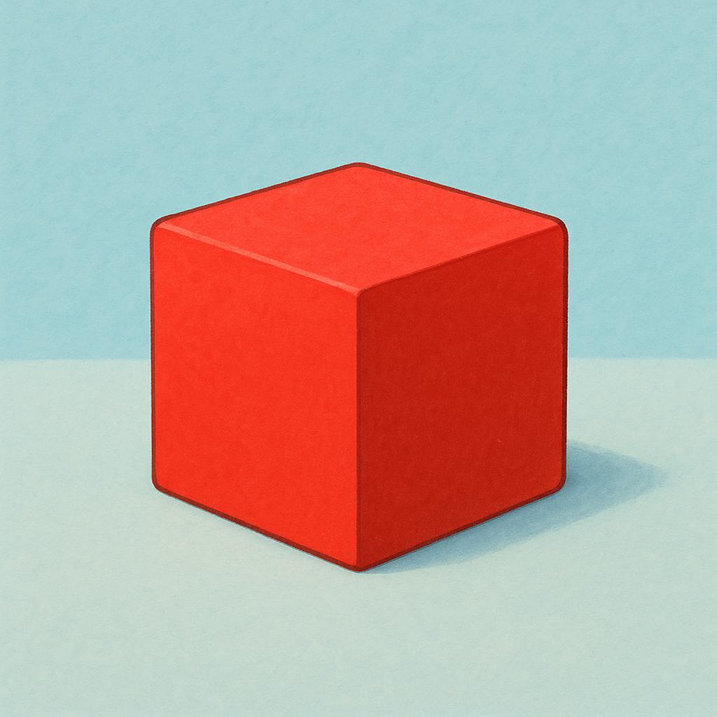 A simple red cube block resting on a flat, plain surface.