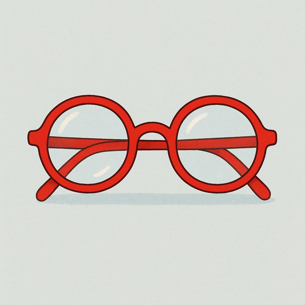 A simple, brightly colored storybook illustration of a pair of red-framed eyeglasses.