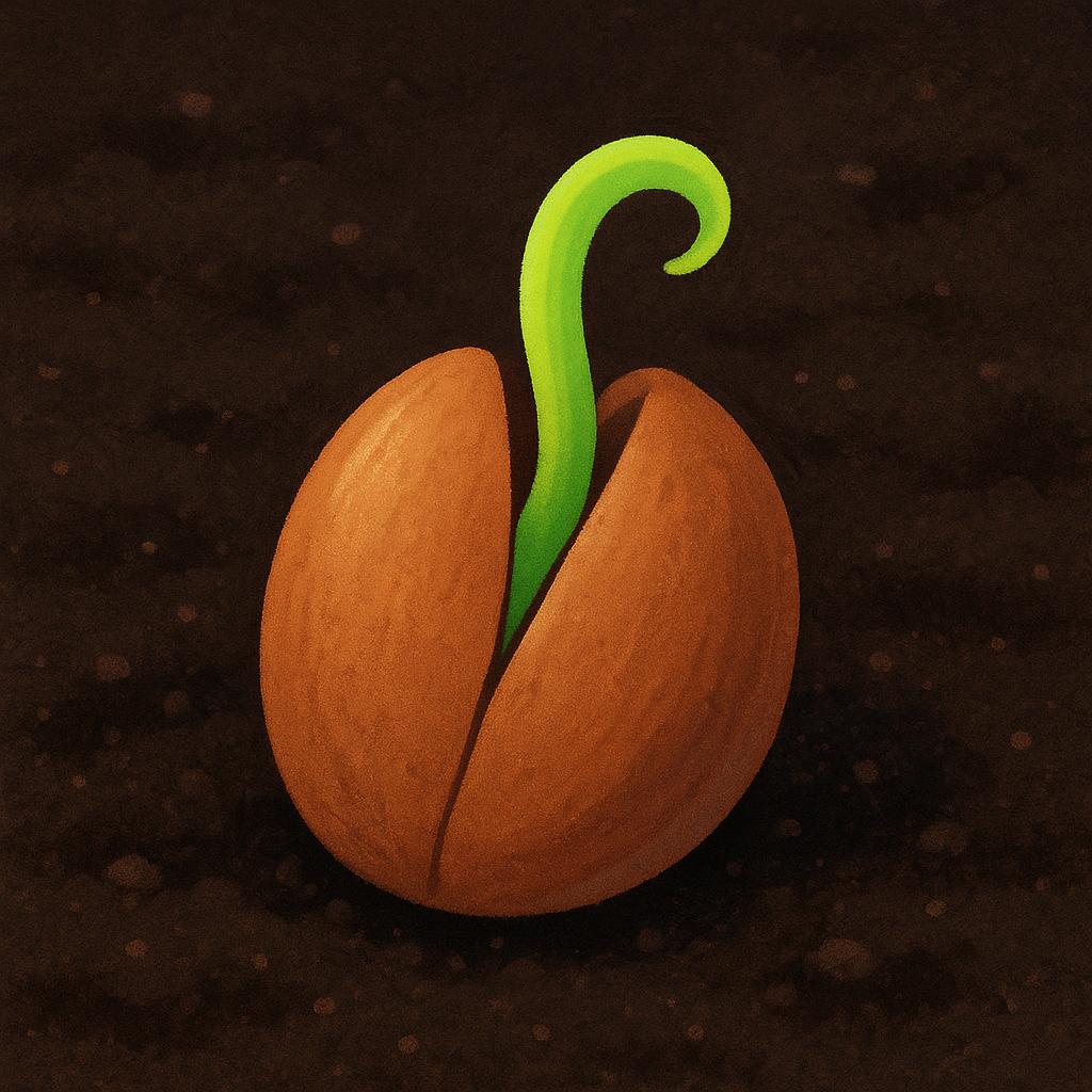A small seed planted in brown soil, with a tiny green shoot just emerging, symbolizing something about to happen.