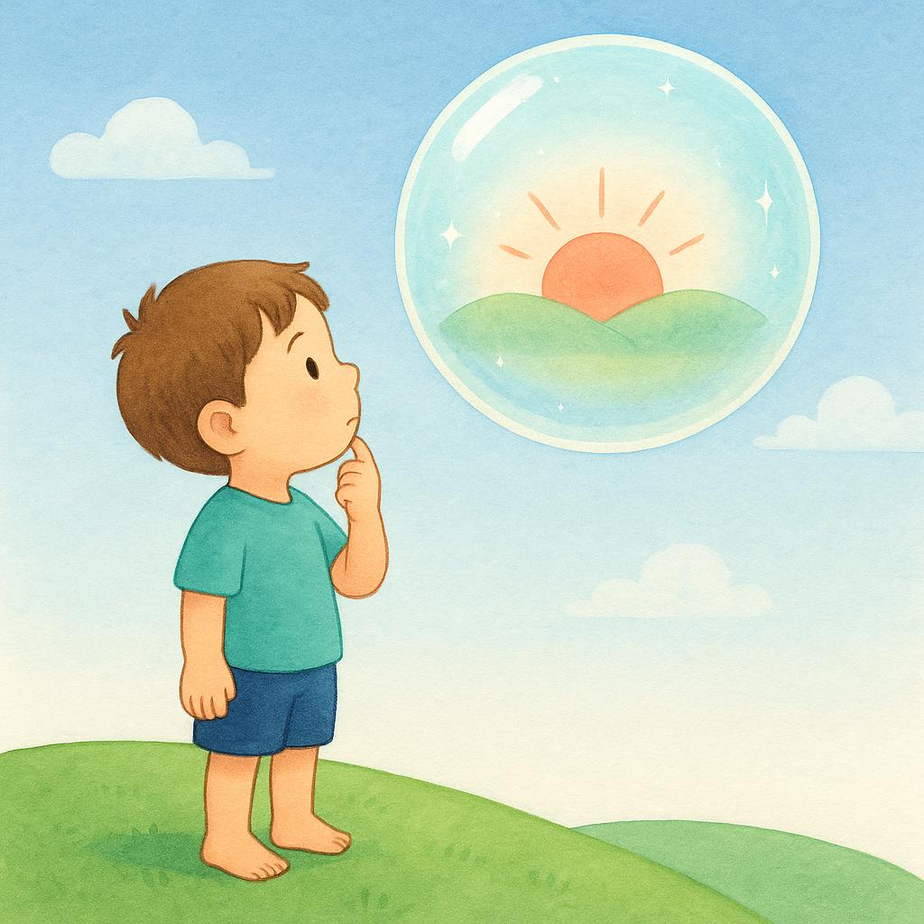 A small child stands on a grassy hill, gazing intently at a large, shimmering, translucent bubble floating just above their hand. Inside the bubble, a simple, miniature scene of a bright sun rising is faintly visible, representing a potential future event.