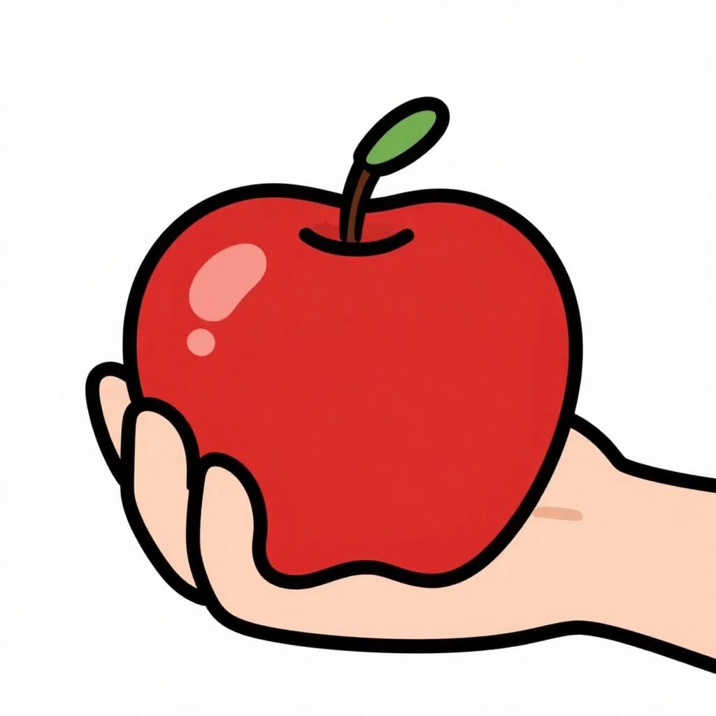 Eine stilisierte menschliche Hand, die einen leuchtend roten Apfel fest umklammert.